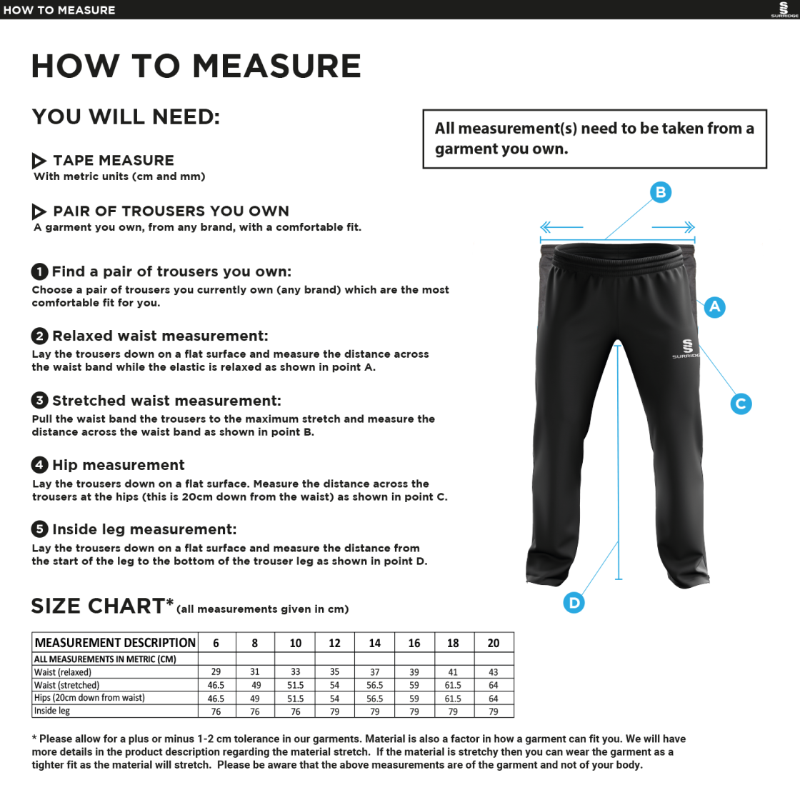 Littlehampton CC - Women's Rip Stop Track Pant - Size Guide