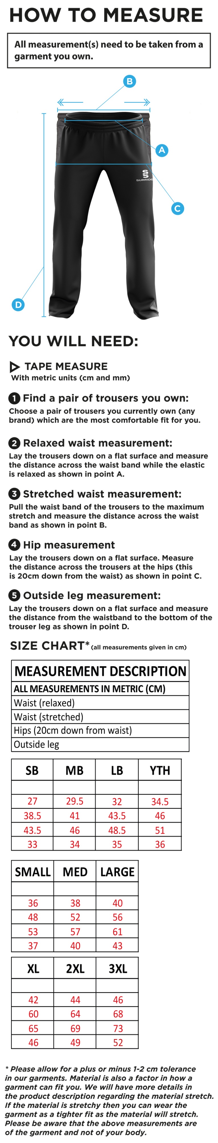 Littlehampton CC - Ripstop Track Pant - Size Guide