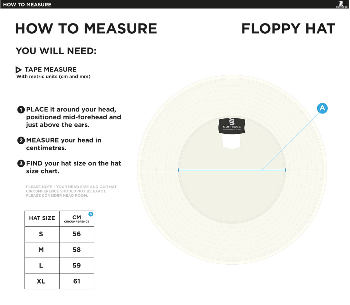 Little Hampton CC - Floppy Sun Hat - Size Guide