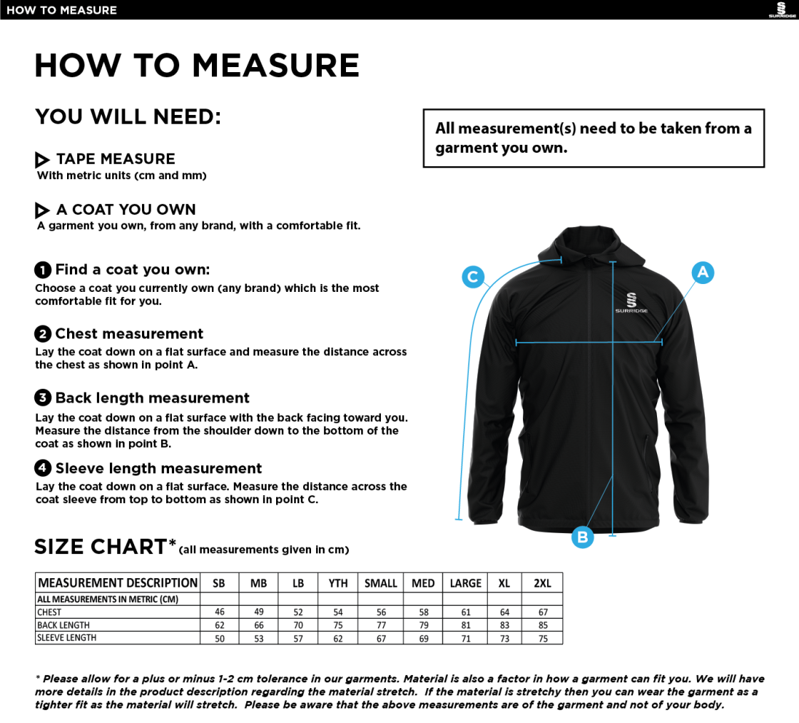 Littlehampton CC - Dual Elite 1/4 Zip Hoody / Rain Jacket - Size Guide