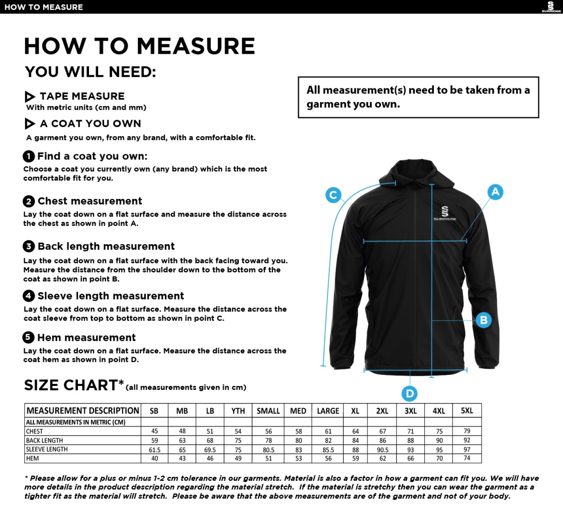 Littlehampton CC - Dual Full Zip Training Jacket - Navy - Size Guide