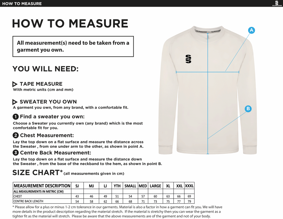 Littlehampton CC - Blast Long Sleeve Cricket Sweater - Size Guide