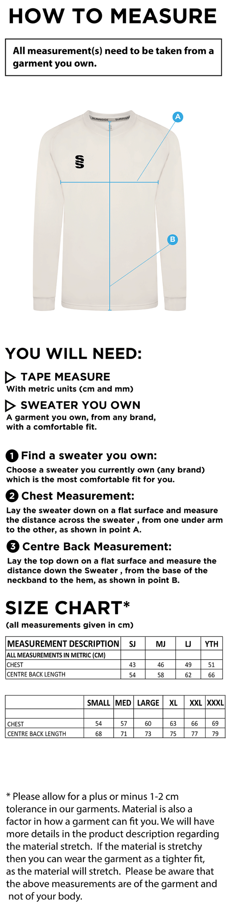 Littlehampton CC - Blast Long Sleeve Cricket Sweater - Size Guide