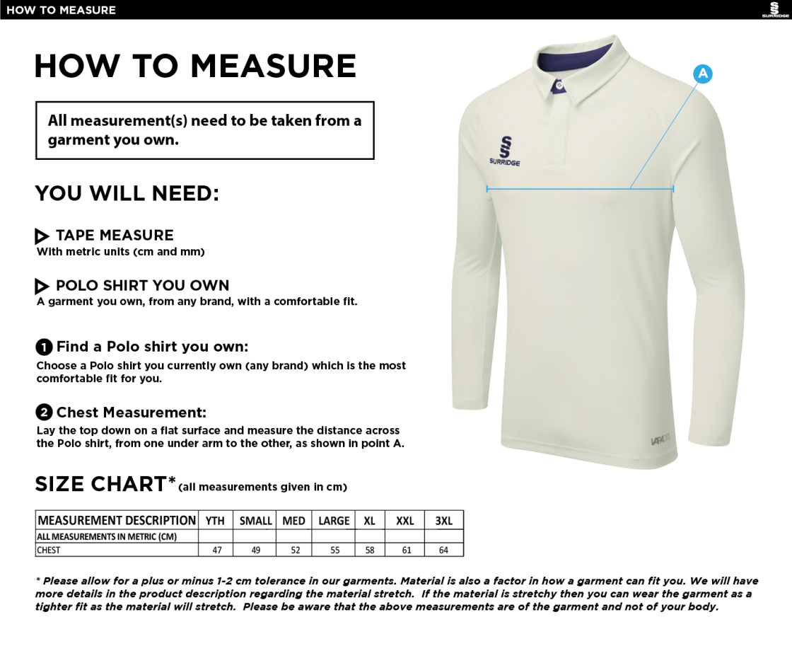 Littlehampton CC - FUSE LONG SLEEVE CRICKET SHIRT - Size Guide