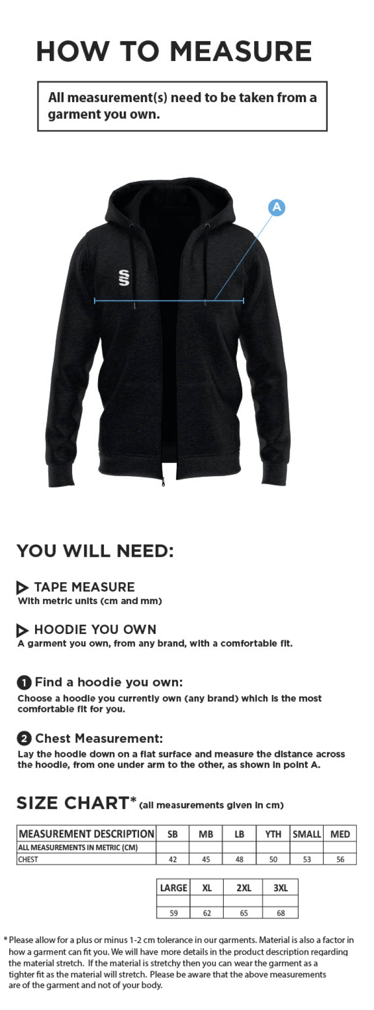 Littlehampton CC - Dual Full Zip Hoody - Navy - Size Guide