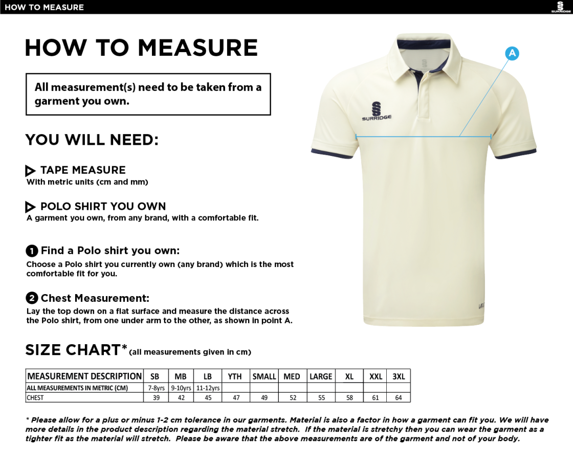 Littlehampton CC - Ergo S/S Playing Shirt - Size Guide