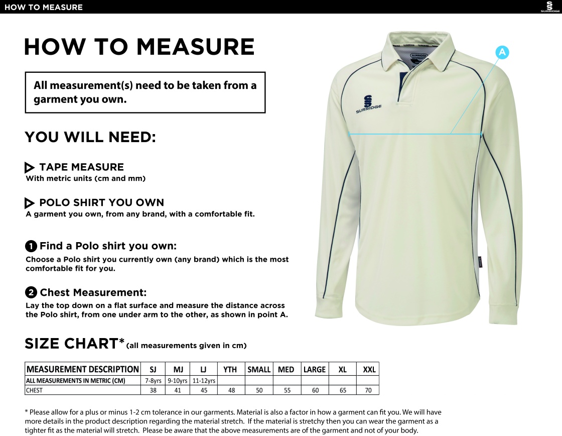 Littlehampton CC - Premier L/S Shirt - Size Guide