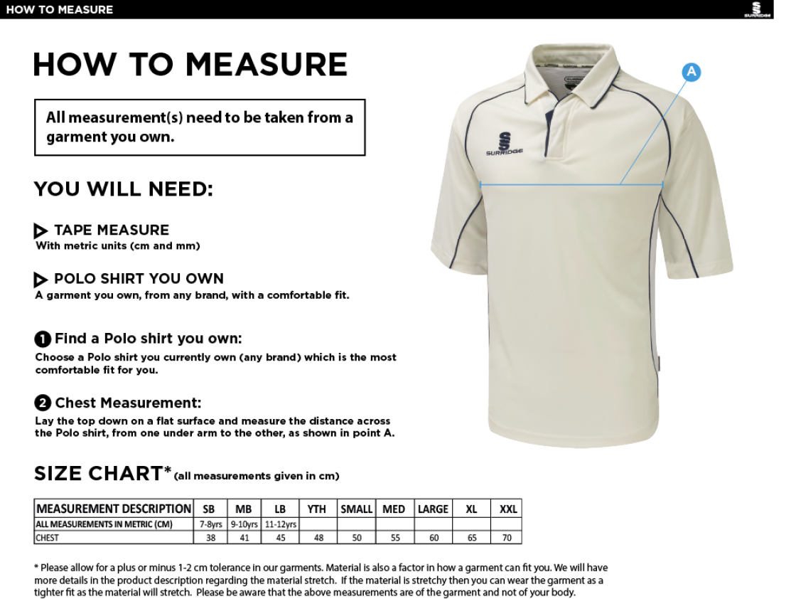Littlehampton CC - Premier 3/4 Sleeved Shirt - Size Guide