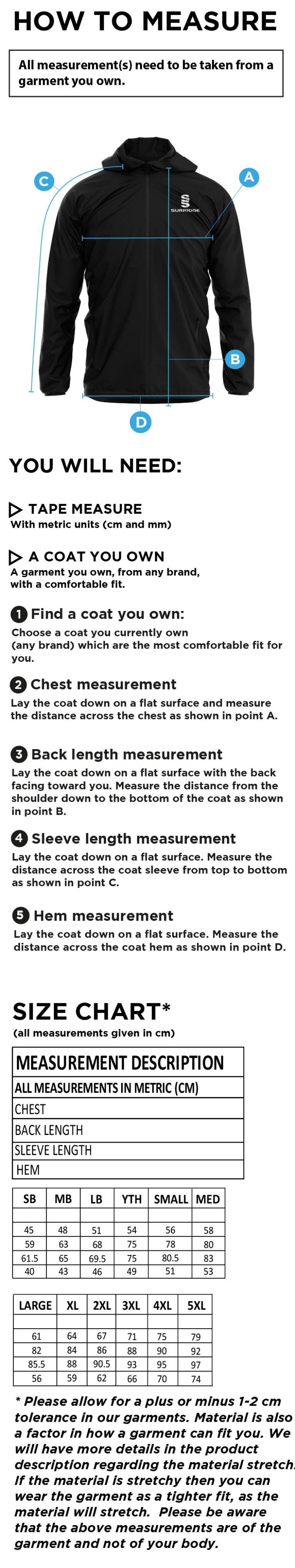 Littlehampton CC - Dual Full Zip Training Jacket - Navy - Size Guide