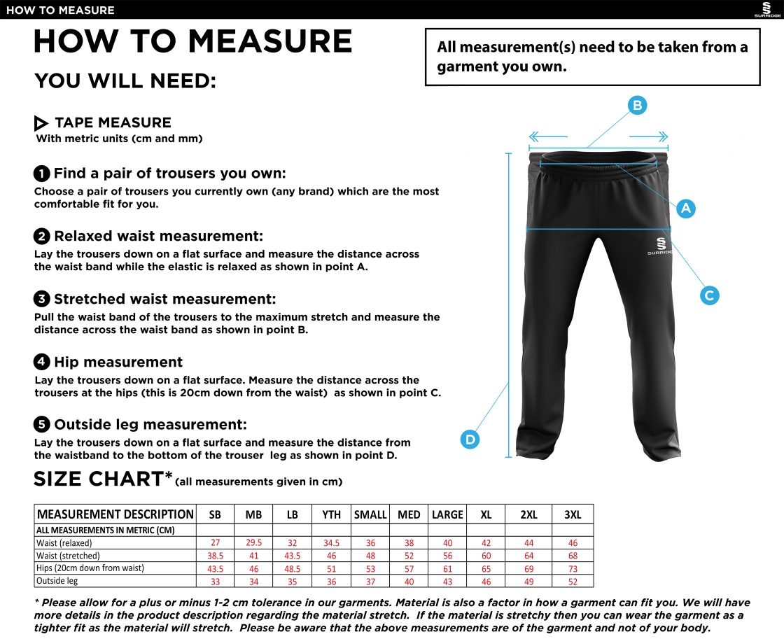 Littlehampton CC - Ripstop Track Pant - Size Guide