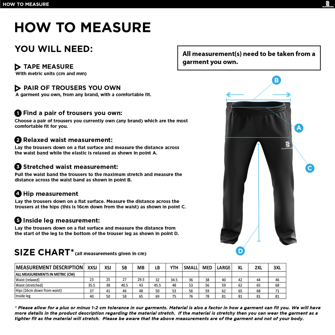 Littlehampton CC - Poplin Track Pant - Size Guide