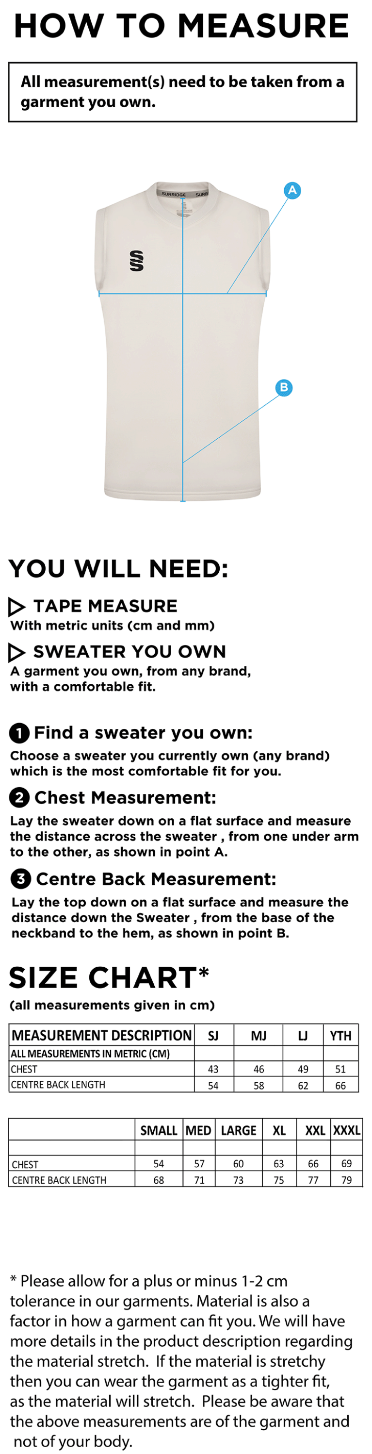 Littlehampton CC - Blast Sleeveless Cricket Sweater - Size Guide