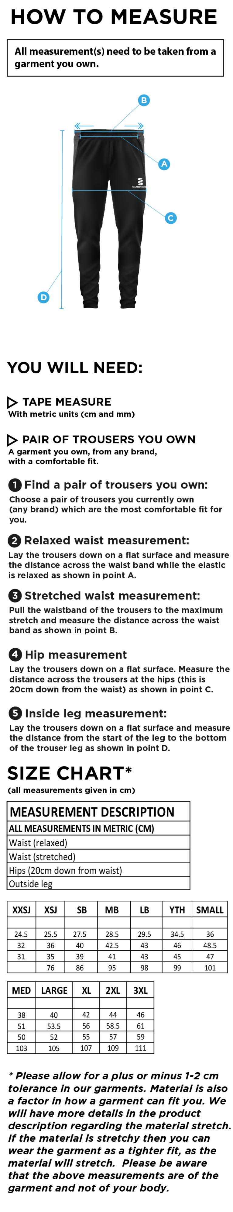 Littlehampton CC - Tek Pants - Size Guide