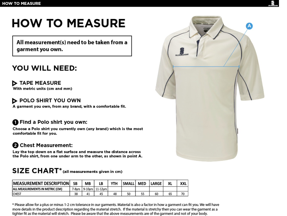 Littlehampton CC - Premier 3/4 Sleeved Shirt - Size Guide