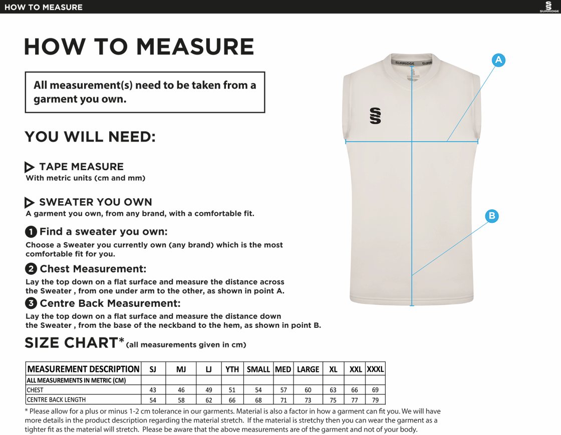 Littlehampton CC - Blast Sleeveless Cricket Sweater - Size Guide