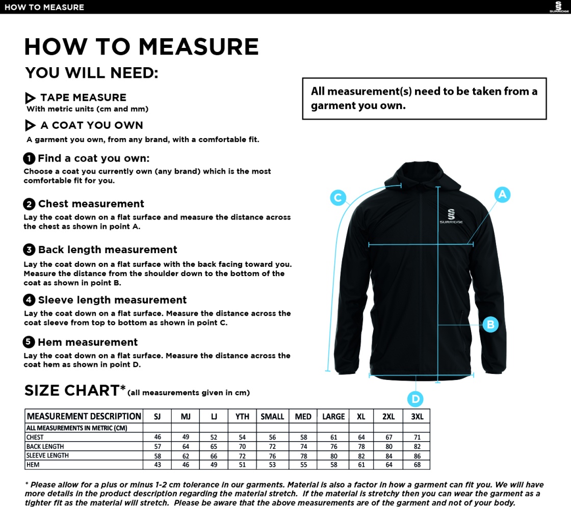 Littlehampton CC - Dual Elite 1/4 Zip Hoody / Rain Jacket - Size Guide