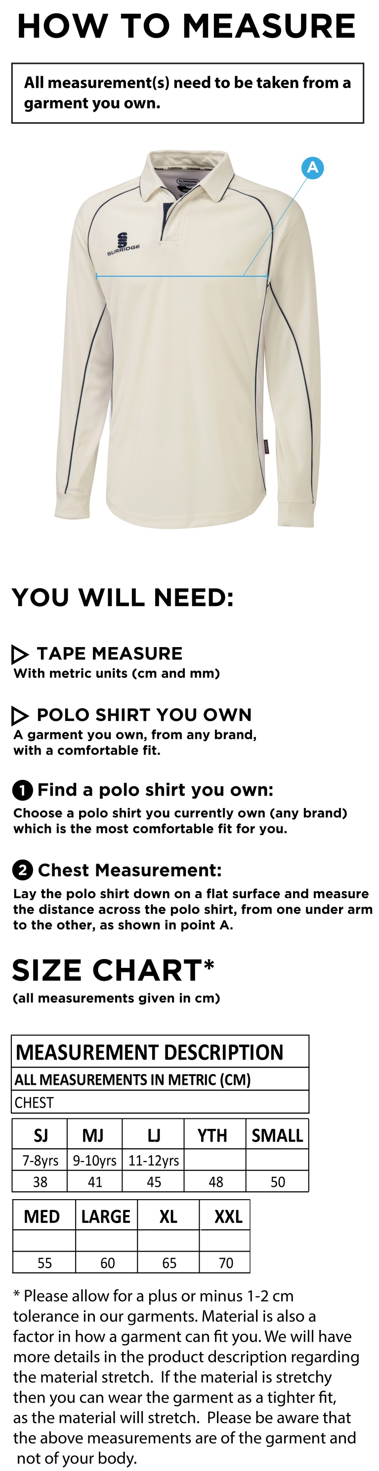 Littlehampton CC - Premier L/S Shirt - Size Guide