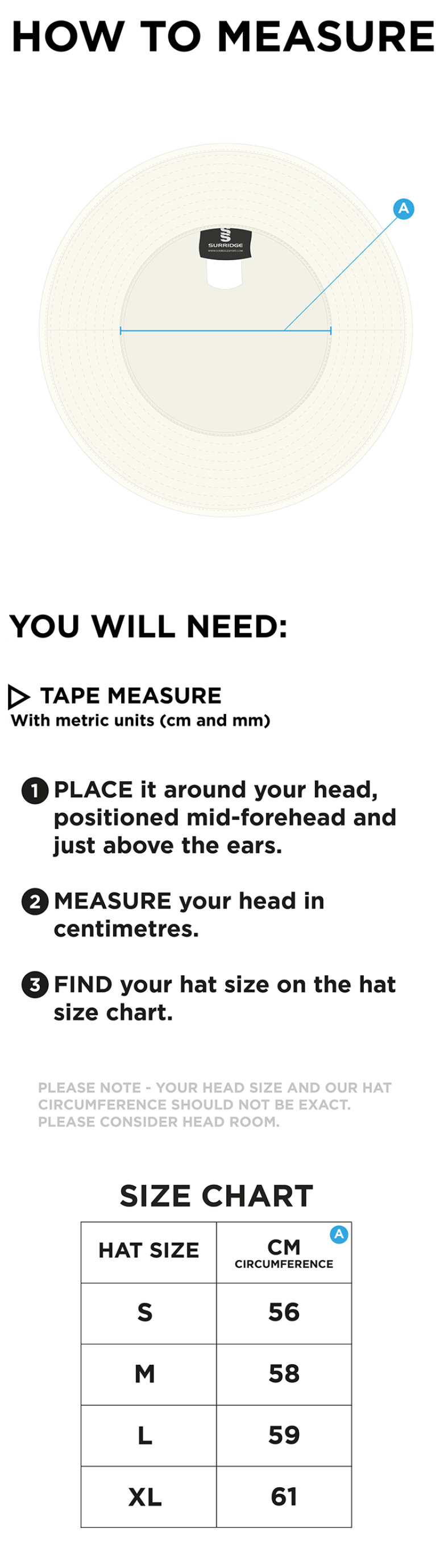 Little Hampton CC - Floppy Sun Hat - Size Guide