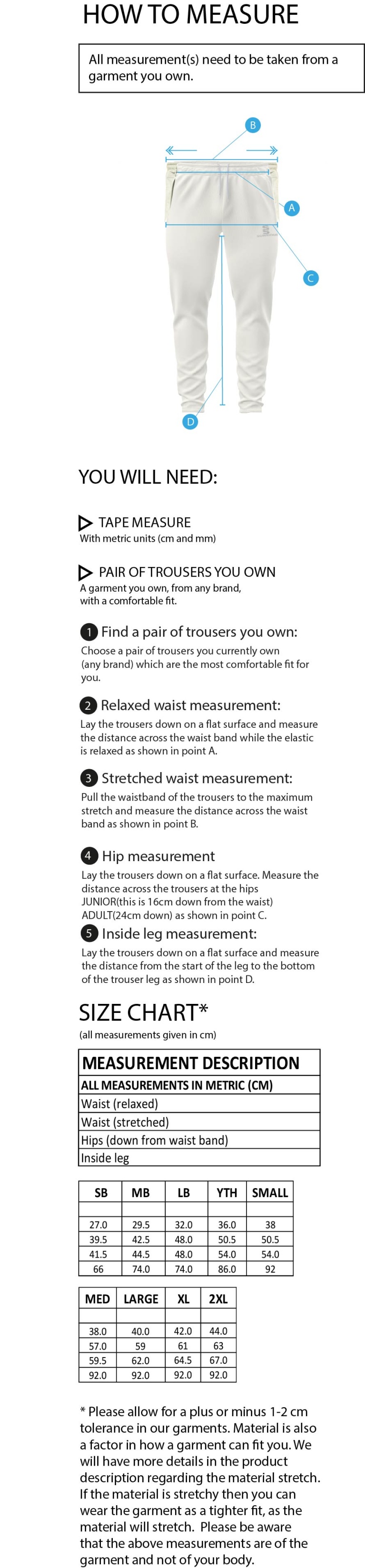 Little Hampton CC - Ergo Playing Pant - Size Guide