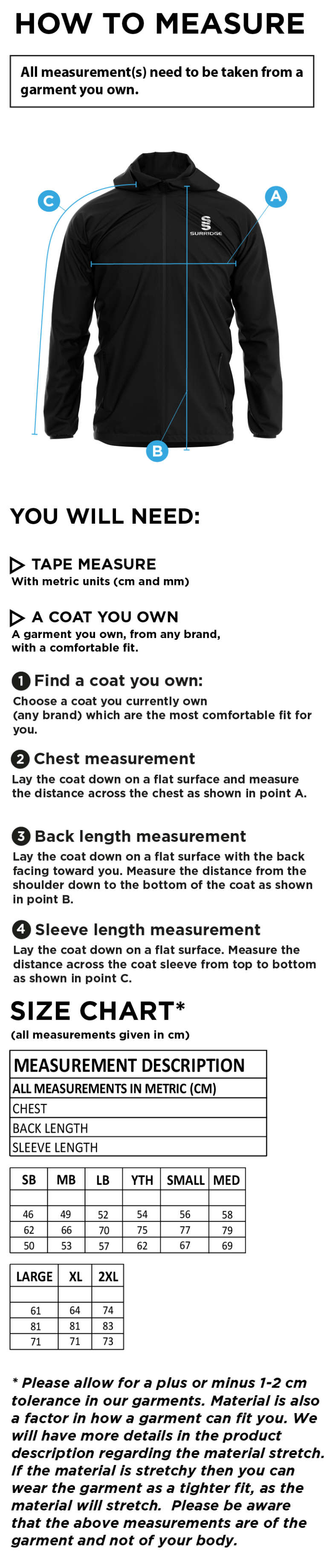 Littlehampton CC - Dual Elite 1/4 Zip Hoody / Rain Jacket - Size Guide