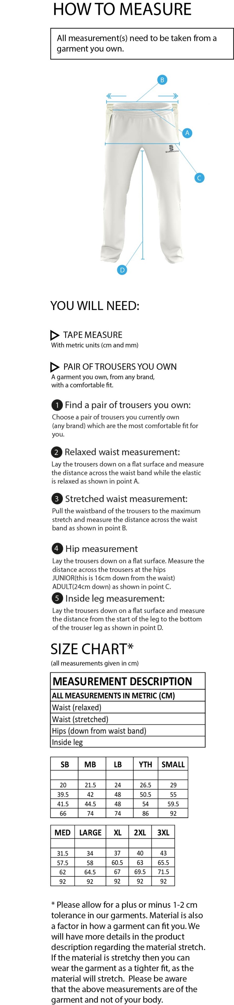 Little Hampton CC - Standard Playing Pant - Size Guide
